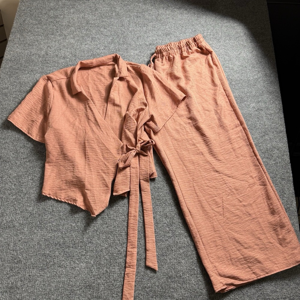 Terracotta Linen Look Wrap Top Wide Leg Pants Set 2 Piece Short Sleeve Tie Side